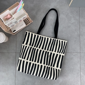 Women Canvas Tote Bag Large Capacity Zipper Shoulder Bag Striped Geometric Print Daily Commute Casual Handbag