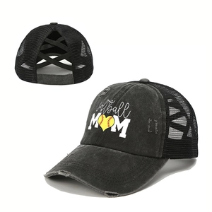 Detail of Softball MOM mesh cap with criss-cross elastic back for high ponytails