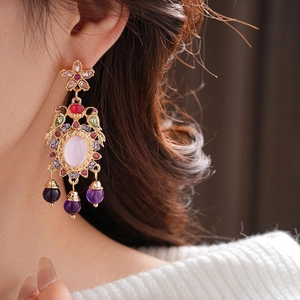 Vintage palace style long earrings with pink oval stone and colorful zircon tassels