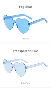 Side view of heart-shaped rimless sunglasses in mist blue and transparent blue lenses