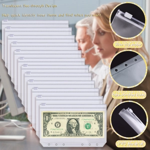 Translucent 6-hole PVC binder pockets with slide zipper for cash budget organization