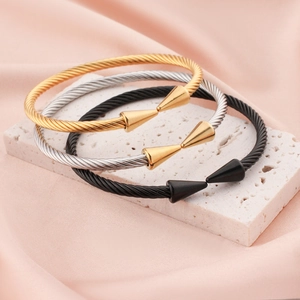 Punk Twisted Cable Stainless Steel Open Bangle Adjustable Spike Cone C-Shape Bracelet For Men Women