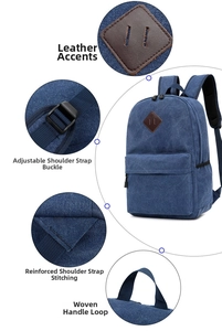 Detail view of reinforced shoulder straps and leather accents on a blue canvas backpack