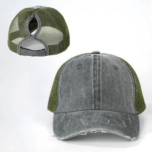 Detail of grey washed cotton ponytail baseball cap with olive mesh and criss-cross straps