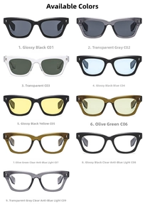 Detailed catalog of chunky frame sunglasses and anti-blue light glasses in various colors