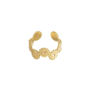 Adjustable golden stainless steel open ring with textured sunflower gear patterns
