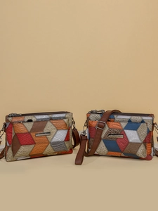 Women PU Leather Patchwork Crossbody Bag Multi Layer Zipper Shoulder Bag Retro Embossed Textured Casual Travel Purse