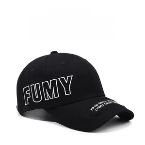 Detail of 3D FUMY embroidery on black vintage cotton twill baseball cap with air vents