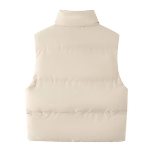 Back view of a beige minimalist sleeveless padded vest with a standing collar design