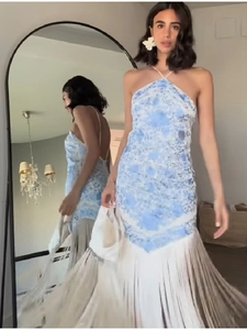 Halter neck backless maxi dress with blue tie-dye print and white fringe detail