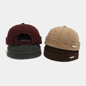 Bonnet Docker Vintage En Coton Lavé Chapeau Miki Sans Bord Distressed Retro Streetwear Étiquette Métallique Ajustable Unisexe