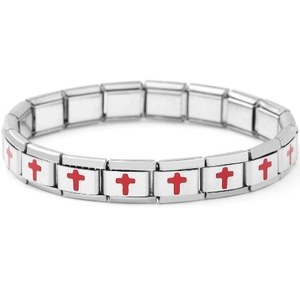 Silver stainless steel modular stretch bracelet with red cross pattern on white background