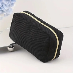 Portable large capacity black corduroy cosmetic organizer bag with golden zipper