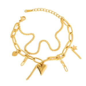 Double-layered golden bracelet with heart and star pendants and adjustable chain