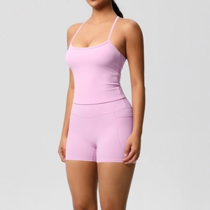 Detail view of lavender yoga set featuring a strapless tank top and high-waist shorts