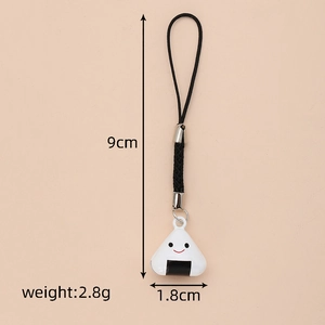 Detail view of a cute cartoon rice ball charm showing 9cm length and 1.8cm width specs