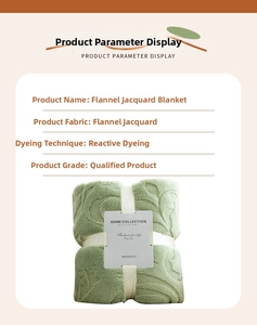 Detail of light green flannel jacquard blanket with white ribbon packaging and label