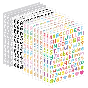 Macro shot of 0.5-inch colorful alphabet and number stickers for DIY scrapbook decoration