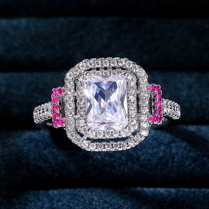 Luxury rectangular princess cut silver ring with halo pink and white zircons