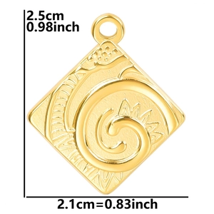 Detailed view of square gold-plated stainless steel pendant with dimensions 2.5cm by 2.1cm