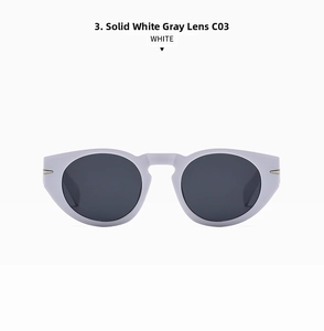 Detail view of model C03 sunglasses featuring solid white frames and dark grey lenses