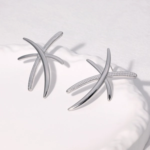 Detail of silver crisscross stud earrings featuring one smooth and one textured band