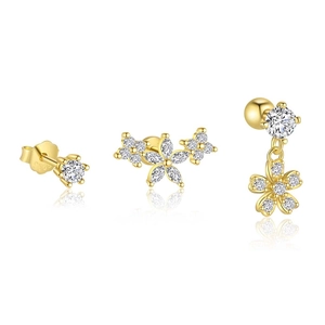Three-piece gold S925 sterling silver flower earring set with white zircon stones