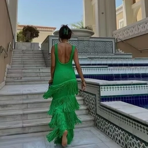 Robe Longue En Tricot Pour Femmes Sans Manches Franges Superposées Dos Nu Sexy Vacances Fête Coupe Ajustée