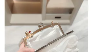 Detailansicht der weißen Satin-Abendtasche mit Silberrahmen und Perlengriff