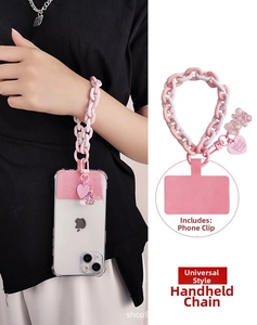 Short wrist lanyard with pink and white thick chain, heart charm and bear pendant details
