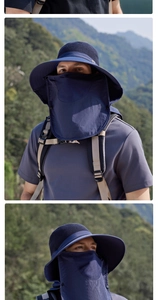 Detail of navy sun hat with breathable mesh crown and detachable face mask for hiking