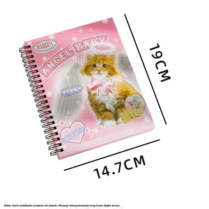 Detail view of pink spiral notebook with cartoon cat pattern and size specifications