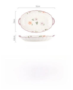 Detailed view of 12.2-inch floral ceramic serving dish with size dimensions and icons