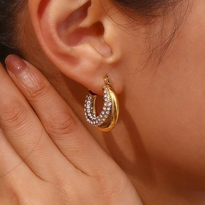 Chic 18K gold plated hoop earrings with micro-set rhinestones on female model
