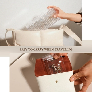 Portable acrylic jewelry organizer box and anti-oxidation PVC bags inside a travel bag