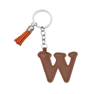 Brown PU leather letter W keychain with matching tassel and silver metal hardware
