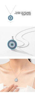 Detail view of 925 silver evil eye pendant with blue turquoise and crystal inlay size details