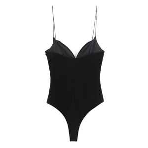 Elegant black velvet bodysuit with thin spaghetti straps and deep V-neckline silhouette