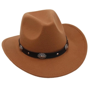 Detail of western cowboy hat featuring black leather band and vintage silver conchos