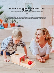 Detail showing interactive wooden object permanence box with red ball for early learning