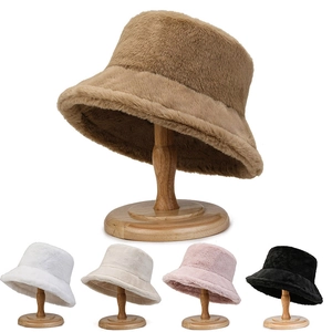 Women Winter Faux Fur Bucket Hat Thickened Plush Warm Basin Hat Solid Color Elegant Outdoor Fisherman Cap