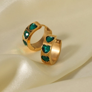18K gold plated stainless steel hoop earrings featuring three green heart zircons on silk