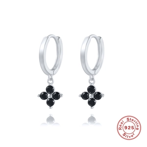 Detailed close-up of S925 sterling silver hoop earrings with black zircon clover charms