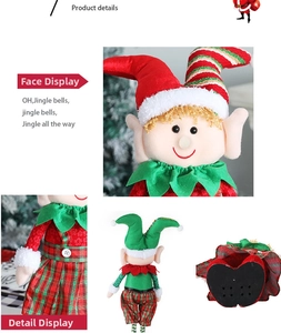 Detailed views of a plush Christmas elf doll with festive red and green striped patterns