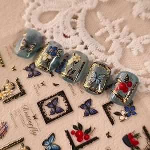 Classical oil painting nail art stickers with blue butterfly and flower designs