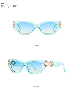 Front and side view of cat eye sunglasses with blue gradient lenses and gold metal accents
