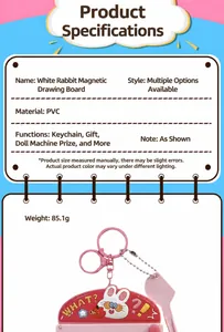 Detailed specification sheet for rabbit magnetic board keychain showing material and weight.