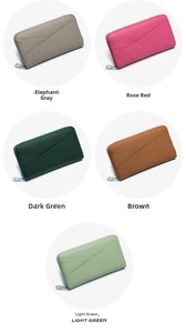Detailed view of leather long wallets in five colors with textured pebble finish