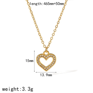 Detailed dimensions of 18k gold heart necklace with sparkling crystals and measurements