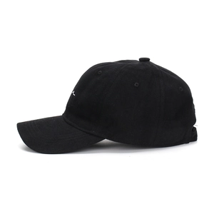 Classic black cotton baseball cap with white side embroidery in a profile view